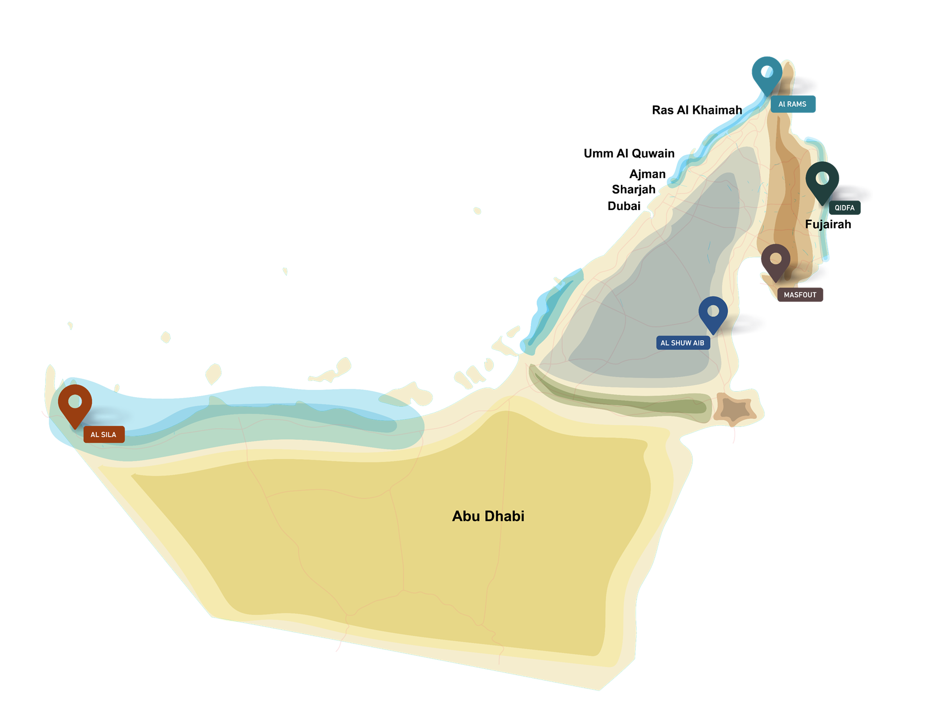 Map of the United Arab Emirates showing ECBD operational areas: Al Sila, Al Shuwaib, Masfout, Qidfa and Al Rams